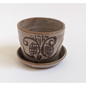 Vintage 1970s Studio Pottery Planter Saucer Small Butterfly Hand Painted Pot 3"